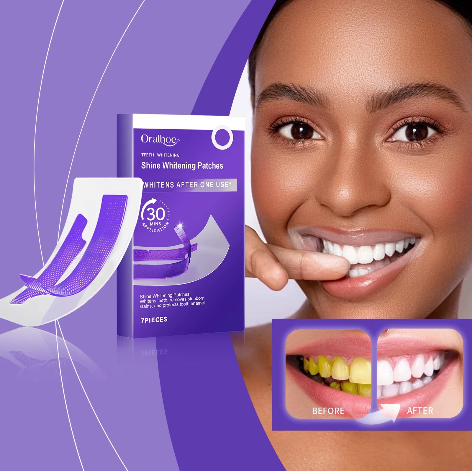 Tiras Clareadoras de Dentes Roxas – Removem Placa e Manchas, Clareiam os Dentes e Refrescam o Hálito – Ferramentas de Higiene Bucal e Clareamento Dental
